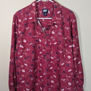 Lands’ End Womens 2X Floral 1/2 Button Front Blouse Red Pink Casual Top